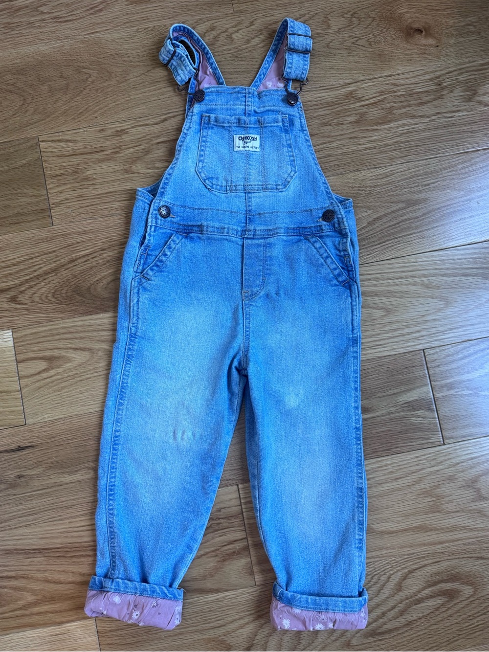OshKosh B'gosh Light Blue Denim Overalls with Pink Floral Cuff Lining